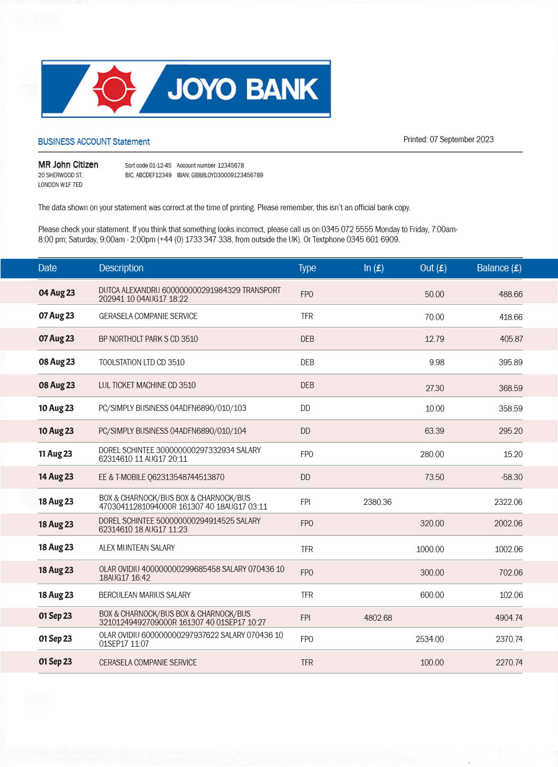 Relevé bancaire de JOYO Bank